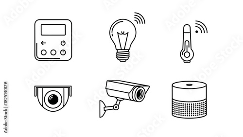 A collection of six black and white line art icons representing smart home devices and security.