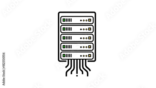 Illustration of a server rack with multiple servers, representing data storage and network infrastructure.