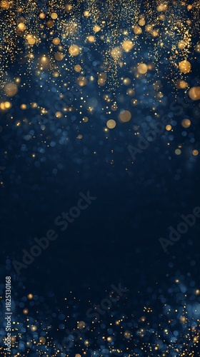 Abstract Festive Backdrop with Shimmering Golden Bokeh on Deep Blue Vertical Background