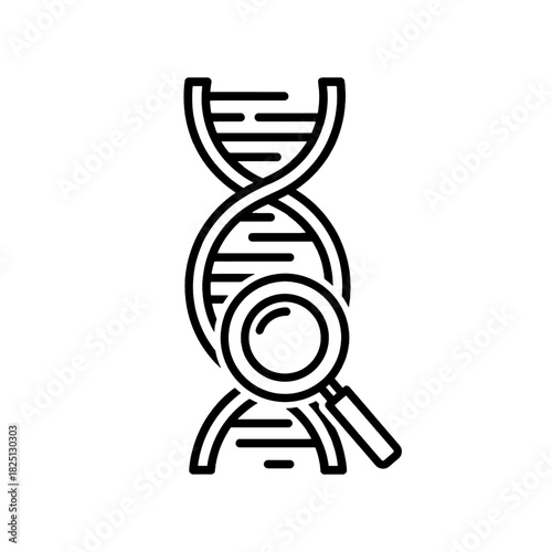 DNA research and genetic analysis concept with a magnifying glass examining a double helix structure, representing scientific discovery and biotechnology, isolated on transparent background.