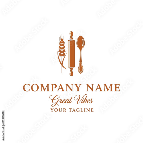Elegant Baking Utensils and Wheat Stalks Logo Design for Culinary Business.