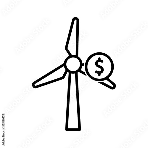 Wind turbine icon with a magnifying glass examining a dollar sign, symbolizing the cost or investment in renewable energy, isolated on transparent background.