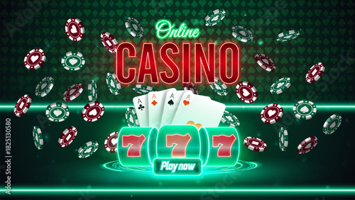 Green neon casino banner with glowing slot machine, playing cards, aces,  poker chips and bright button on a green poker background with led light effects. Casino online, poster.  Vector Illustration