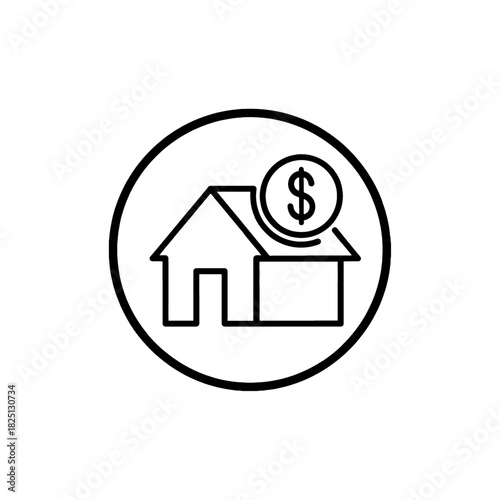 House with Dollar Sign Icon in Circle Representing Real Estate Investment, Property Value, or Mortgage Costs, isolated on transparent background.