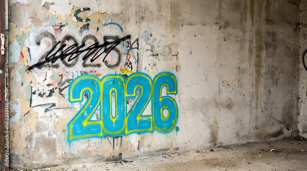 Naklejka premium Graffiti art on a weathered wall with the year 2026 prominently displayed.