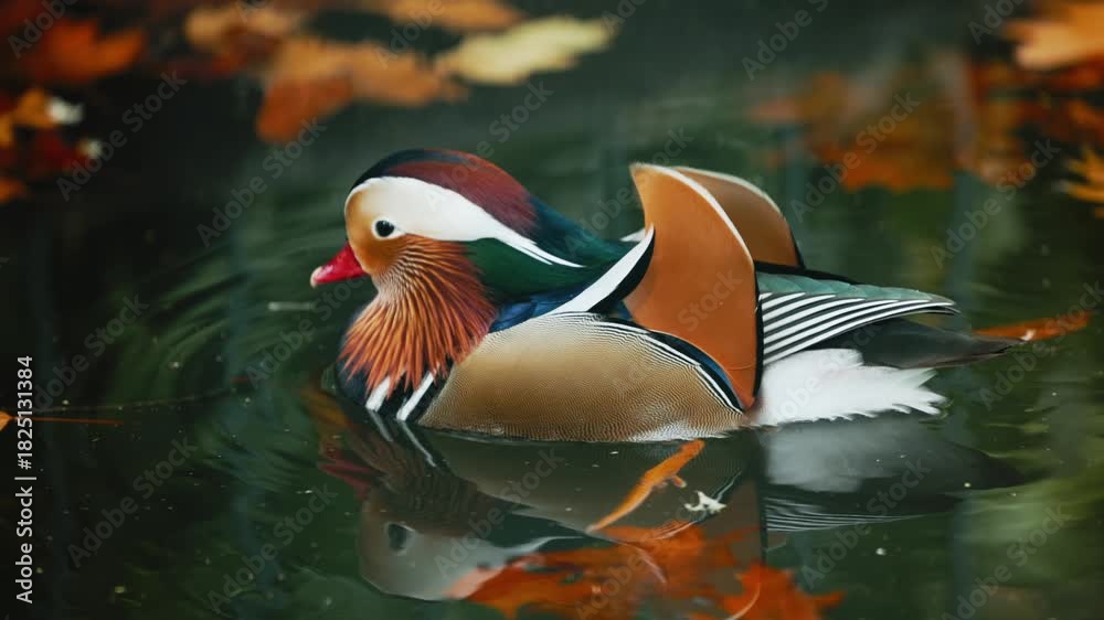Vibrant mandarin duck gracefully glides across a serene pond ...