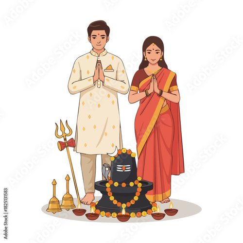 Hindu couple shiva lingam puja prayer tradition culture india on white background