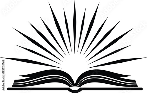Open book with rising sun, knowledge enlightenment illustration, education concept graphic, learning inspiration symbol, abstract wisdom logo design