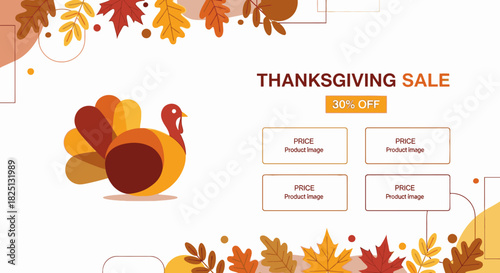 Thanksgiving sale banner with a turkey illustration, autumn leaves, and product placeholders.
