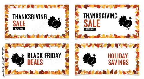 Four festive autumn-themed banners advertising Thanksgiving, Black Friday, and holiday sales with turkey silhouettes and leaf borders.
