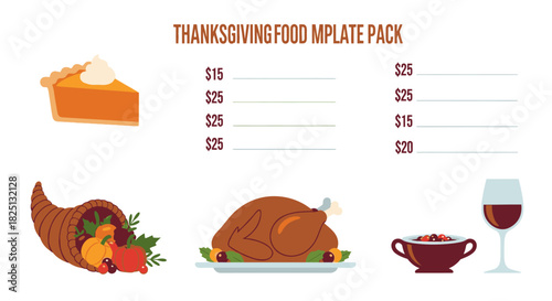 Thanksgiving food mplate pack with pie, cornucopia, turkey, cranberries and wine.