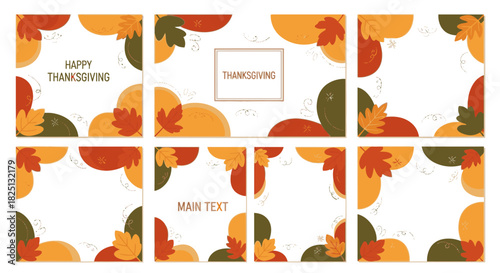 A collection of eight square Thanksgiving and autumn-themed frames or templates with colorful fall leaves and abstract shapes in the corners on a white background.