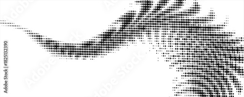 Round halftone polka dot fringing with fluttering dotted radial beams and writhing right tail. For logos, goods. Vector.