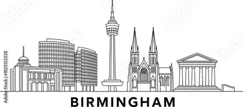Birmingham skyline illustration, detailed city landmark line art featuring modern buildings and historic architecture, perfect for travel graphics, posters, and design projects