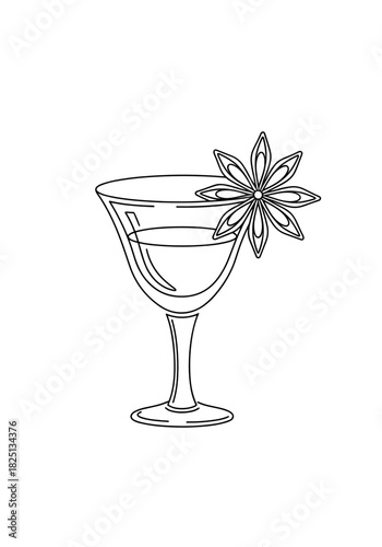 Cocktail with star anise garnish outline for winter drink menu and coloring book