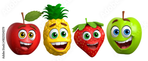 Cartoon Fruit Characters with Happy Faces on Transparent Background for App Design