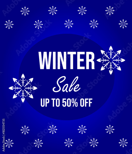 Bright winter sale banner with snowflakes and the inscription "Winter Sale. Up to 50% off" in a round frame