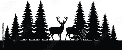 Deer forest silhouette scene, wilderness wildlife illustration, pine tree landscape with bucks, outdoor nature design for adventure art, decals, and prints