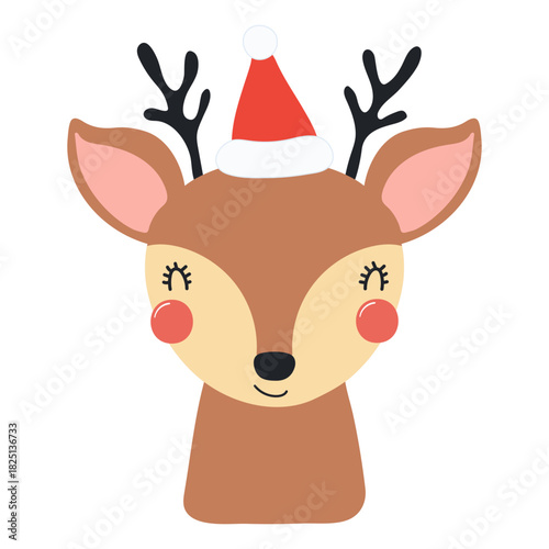 Reindeer in a Santa Claus hat isolated on transparent. Hand drawn flat vector illustration. Cute cartoon character. Traditional Christmas, New Year, seasonal design element, holiday clip art