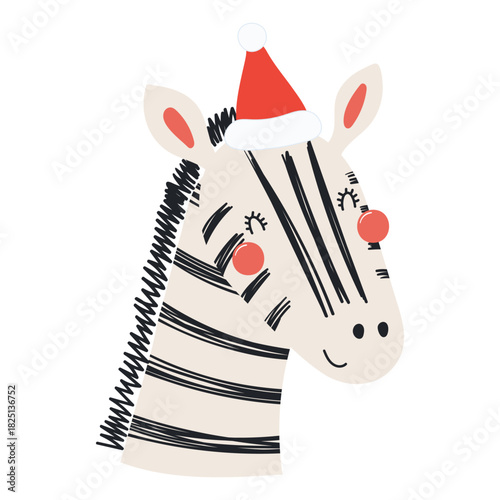 Zebra in a Santa Claus hat isolated on transparent. Hand drawn flat vector illustration. Cute cartoon character. Traditional Christmas, New Year, seasonal design element, holiday clip art