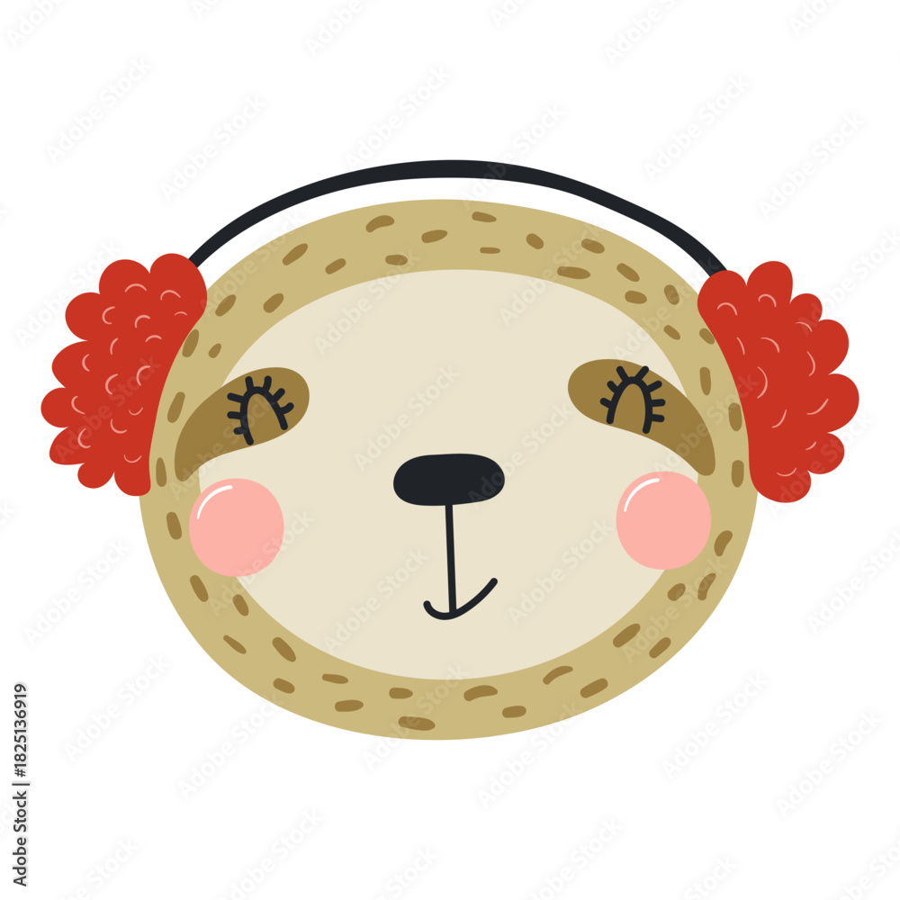 Naklejka premium Sloth in earmuffs isolated on transparent. Hand drawn flat vector illustration. Cute cartoon character. Traditional Christmas, New Year design element, clip art