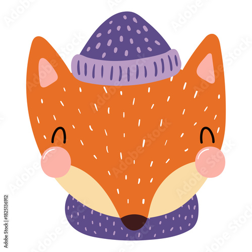 Fox in a knitted hat isolated on transparent. Hand drawn flat vector illustration. Cute cartoon character. Traditional Christmas, New Year design element, clip art
