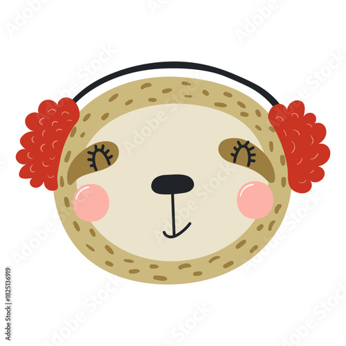 Sloth in earmuffs isolated on transparent. Hand drawn flat vector illustration. Cute cartoon character. Traditional Christmas, New Year design element, clip art