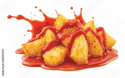 Crispy Golden Fried Potato Wedges with Ketchup Splash Isolated on WhitePrint