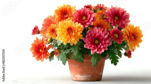 Wallpaper Mural Vibrant autumn chrysanthemums in terracotta pot, featuring orange, yellow, and deep pink blooms with fresh green foliage against white background. Torontodigital.ca