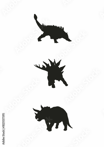 Silhouette dinosaurs: Ankylosaurus, Stegosaurus, and Triceratops on white background
