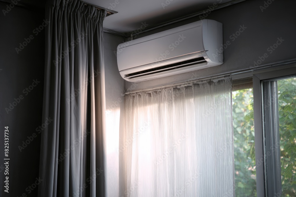 Fototapeta premium Room air conditioner, window view, soft light