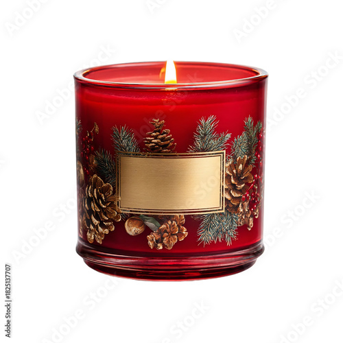 Burning red scented candle in glass jar featuring pine cones and greenery holiday decor
