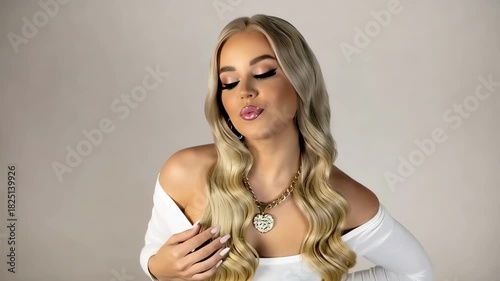 Attractive woman with blonde hair posing and smiling at camera