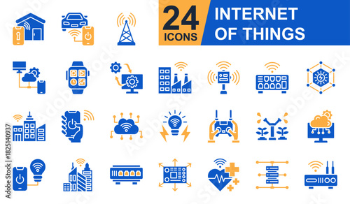 Internet Of Things Icons set vector illustration. Containing Smart Home, Connected Car, Cloud Device, Digital Twin, IoT Network and more. Simple solid icons collection.