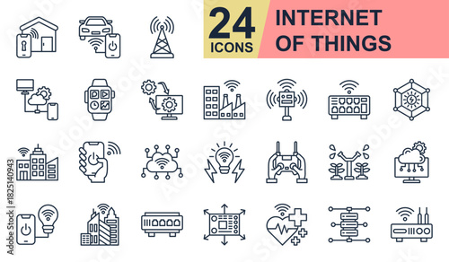 Internet Of Things Icons set vector illustration. Containing Smart Home, Connected Car, Cloud Device, Digital Twin, IoT Network and more. Simple line icons collection.