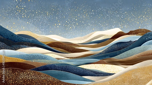 Abstract Mountain Range with Layered Terraces in Blue Brown and Gold Tones Under a Textured Blue Sky with Golden Specks