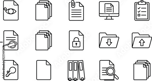 Document management icons collection with file security, folders, clipboard, approvals, digital storage, organization symbols, office paperwork, archive illustrations