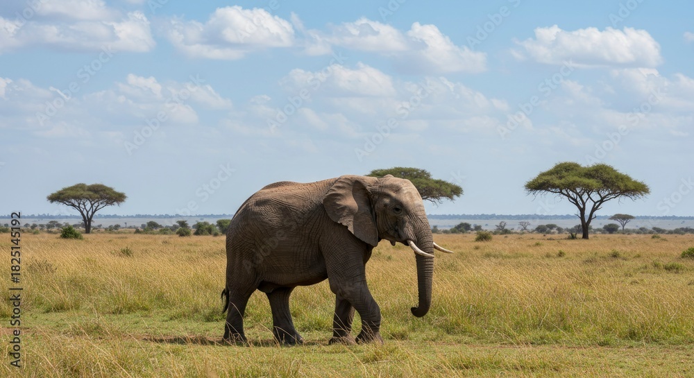 Fototapeta premium Majestic African Elephant Walks Through Grassy Savannah Landscape