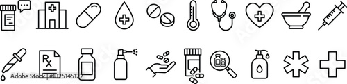Medical healthcare line icons collection featuring medicine, hospital tools, pills, syringe, stethoscope, first aid, wellness symbols, clean modern design