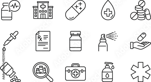 Medical healthcare line icons set with medicine bottle, prescription, pills, hospital, sanitizer, first aid kit, dropper, treatment symbols