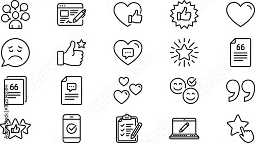 Modern customer feedback and review icons set featuring rating symbols, communication elements, approval signs, emotions, testimonials, and digital interaction graphics