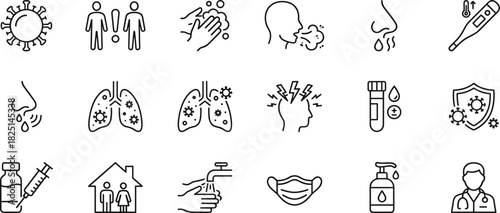 Modern virus prevention and medical healthcare line icons set showing symptoms, hygiene practices, immunity protection, diagnosis, pandemic safety and health awareness