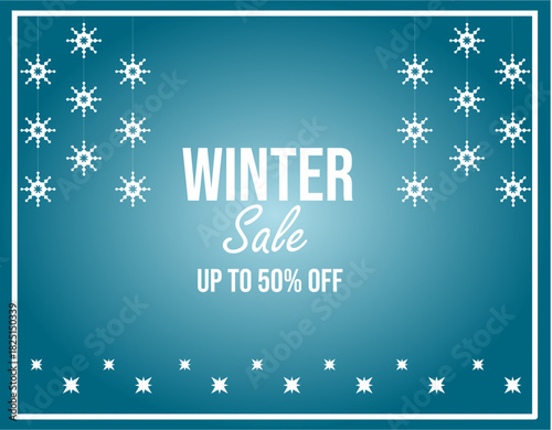 Bright winter sale banner with snowflake garlands and the inscription: "Winter Sale. Up to 50% off"