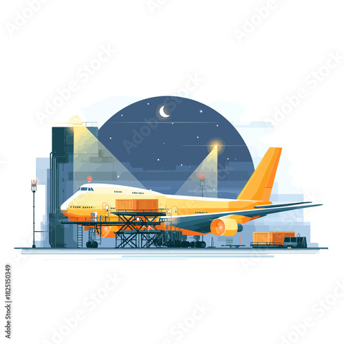 Cargo airplane being loaded at the airport in flat illustration