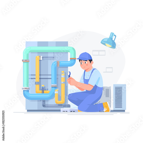 HVAC Technician Repairing Air Conditioning System with a Wrench