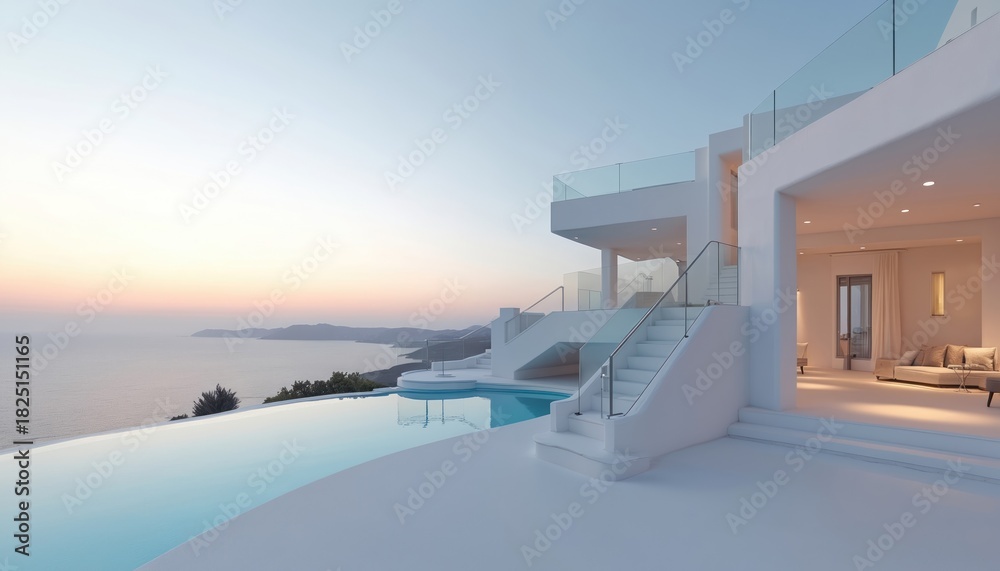 Obraz premium Modern white villa with infinity pool overlooks ocean at sunset. Staircase leads to luxurious rooms and terrace. Serene water and clear sky create peaceful ambiance.