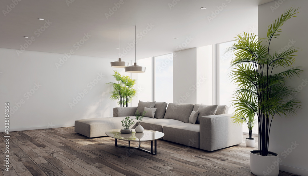 Fototapeta premium Cozy living room with comfortable sofa, modern coffee table, and lush green plants in a bright, airy space