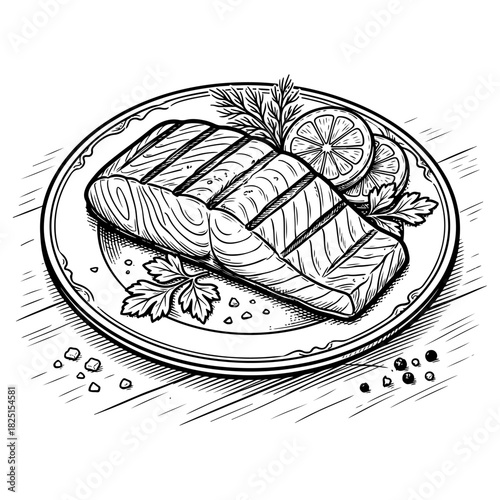 A detailed black and white line art illustration of a grilled salmon fillet served on a plate with lemon and herbs.
