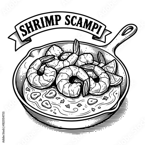A black and white line art illustration of shrimp scampi served in a cast iron skillet with a banner.