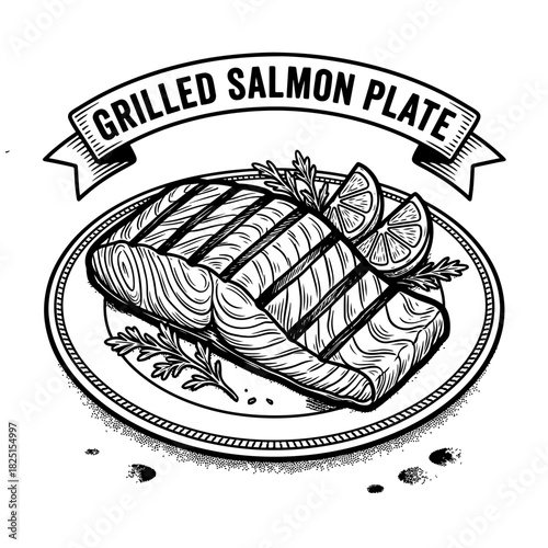 Vintage black and white illustration of a grilled salmon fillet on a plate with lemon garnish and a banner.